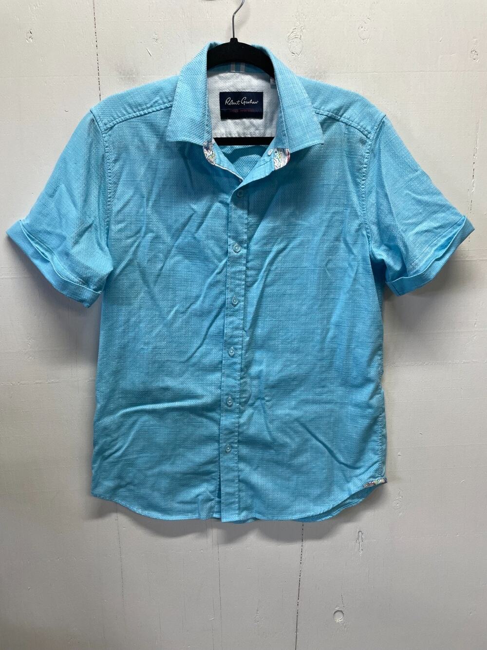 Robert Graham Men's Blue Short Sleeve Button Up Shirt Size Large Textured Print